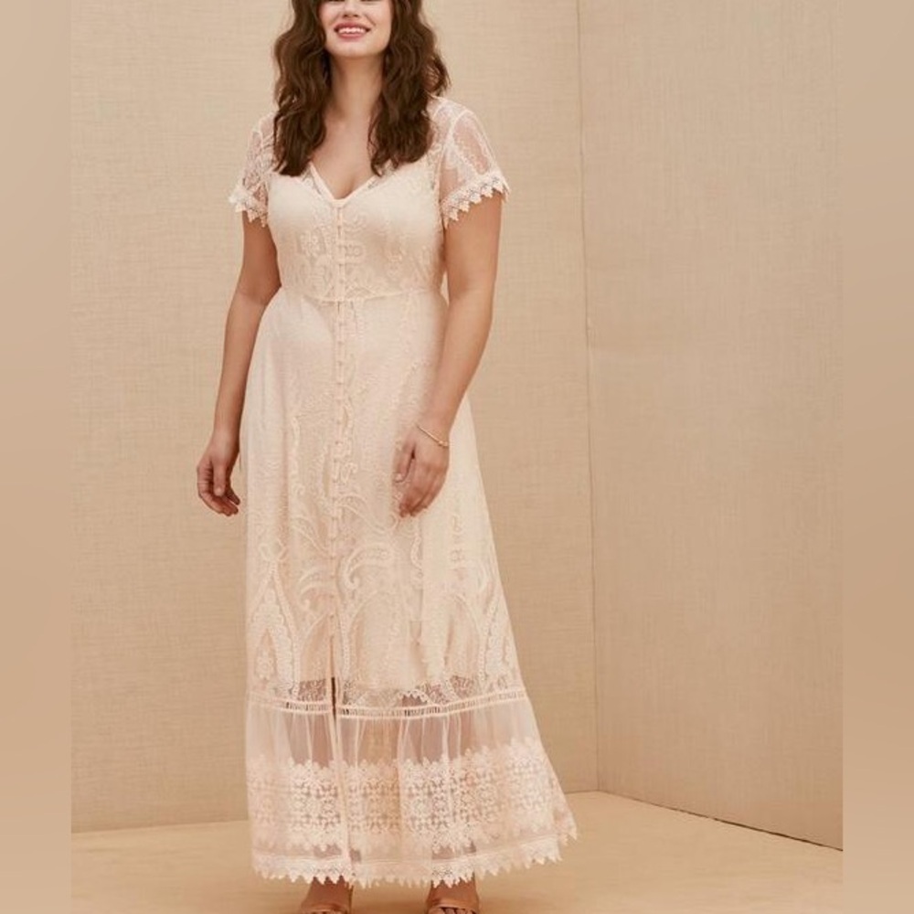 Free People Whimsy Romantic Boho Lace Button-Front Midi Dress Cream Size M/L